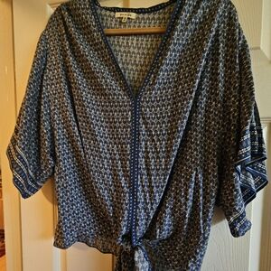 Anthropologie Navy and White Patterned Blouse